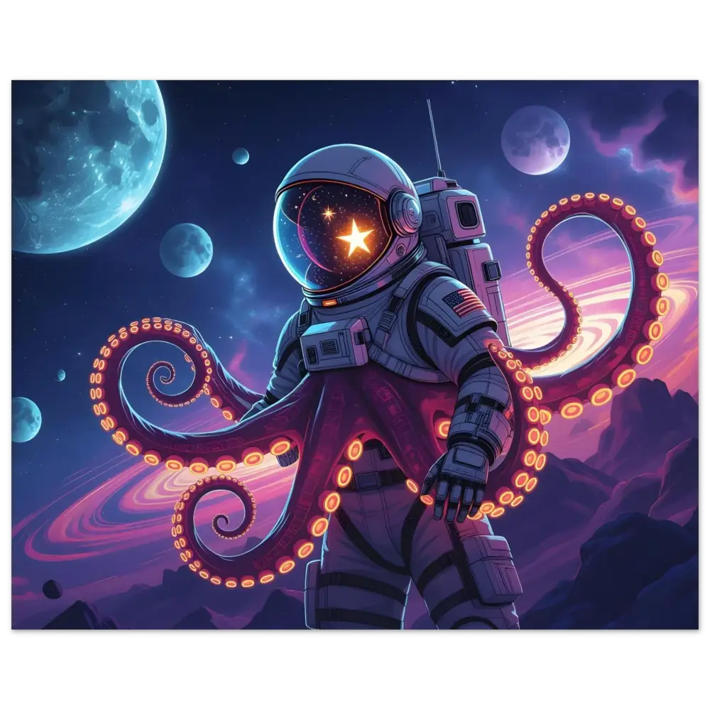 Astronaut with octopus tentacles on Neon Tentacle Voyager Aluminum Print by PixiOnyx
