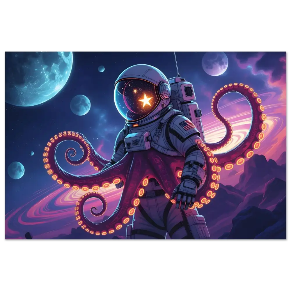 Astronaut with octopus tentacles on Neon Tentacle Voyager Aluminum Print by PixiOnyx