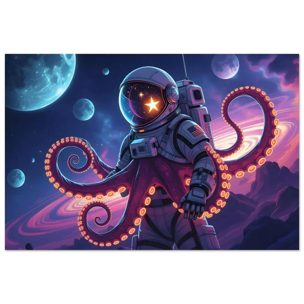 Astronaut with octopus tentacles depicted in Neon Tentacle Voyager Aluminum Print by PixiOnyx