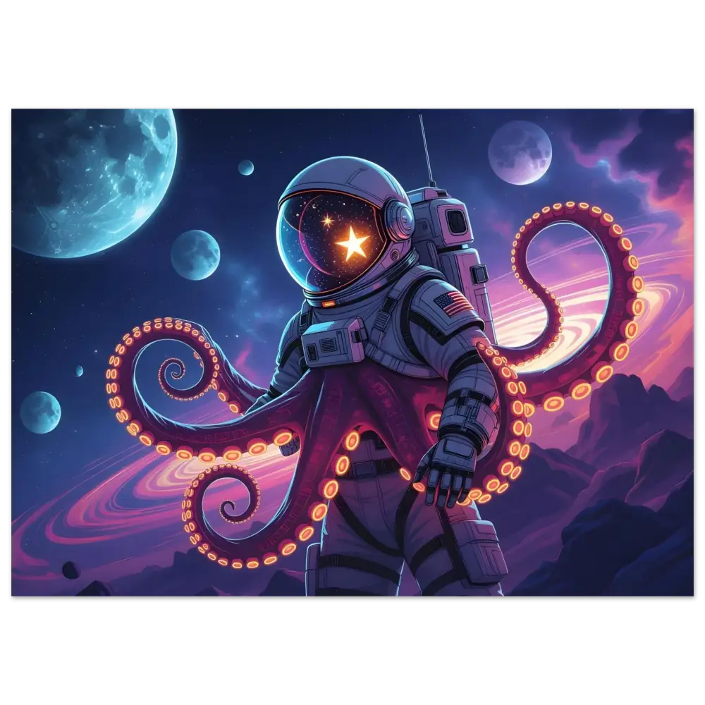 Astronaut with colorful octopus tentacles on Neon Tentacle Voyager Aluminum Print