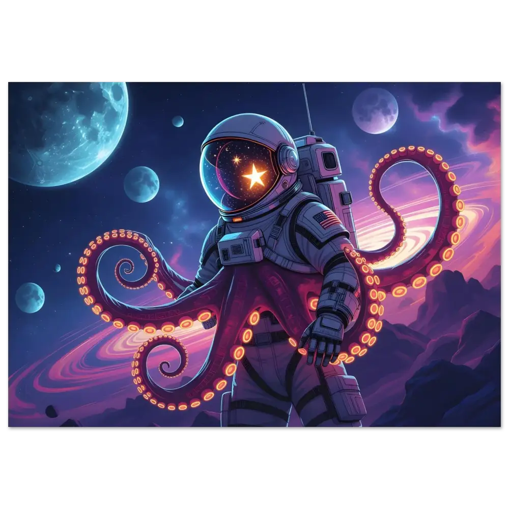 Astronaut with octopus tentacles on Neon Tentacle Voyager Aluminum Print by PixiOnyx