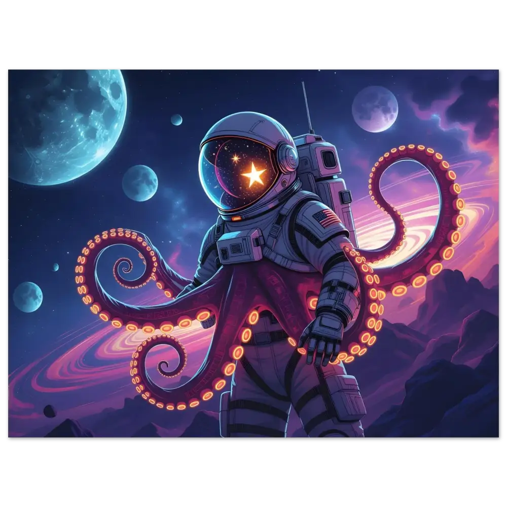 Astronaut octopus hybrid metallic print titled Neon Tentacle Voyager by PixiOnyx Sci-Fi