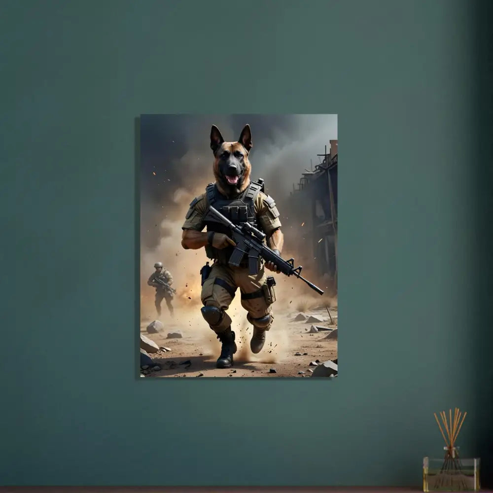 Anthropomorphic dog soldier aluminum print featuring Battlehound Vanguard PixiOnyx Tactical Alloy