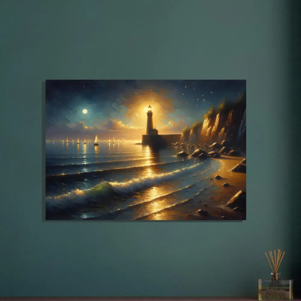 Aluminum print of Lighthouse seascape painting titled Beacon of the Quiet Tide by PixiOnyx