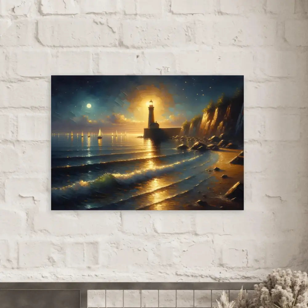 Aluminum print of a coastal lighthouse painting titled Beacon of the Quiet Tide by PixiOnyx