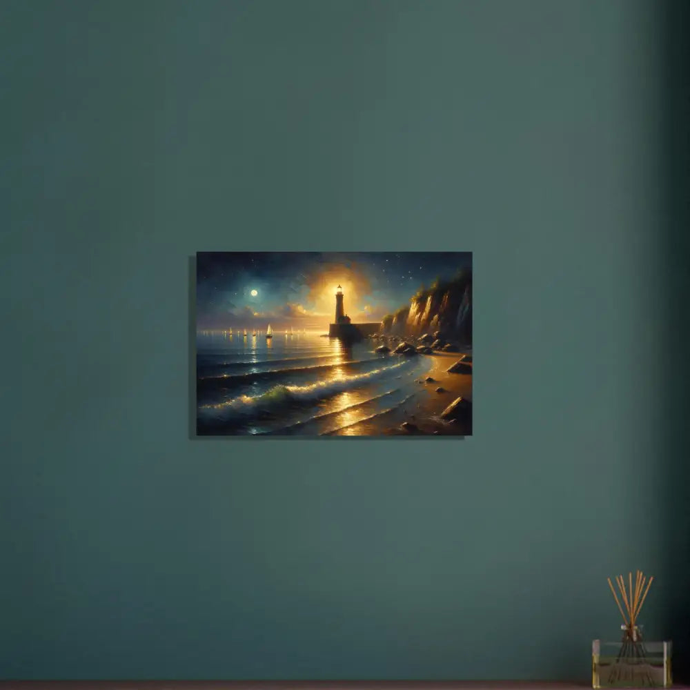 Lighthouse painting with moonlit ocean on Aluminum Print Beacon of the Quiet Tide by PixiOnyx
