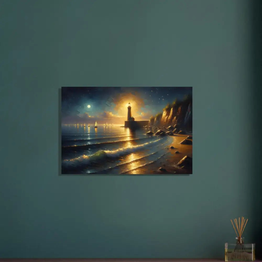 Lighthouse painting at night on aluminum print titled Beacon of the Quiet Tide by PixiOnyx