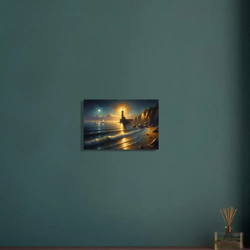 Painting of a coastal lighthouse on Aluminum Print titled Beacon of the Quiet Tide by PixiOnyx