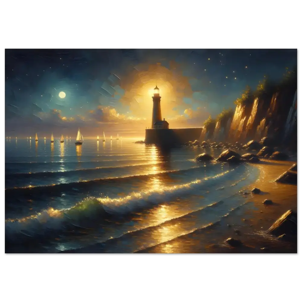Illuminated Coastal Lighthouse Aluminum Print PixiOnyx Luminous Painterly Coastline