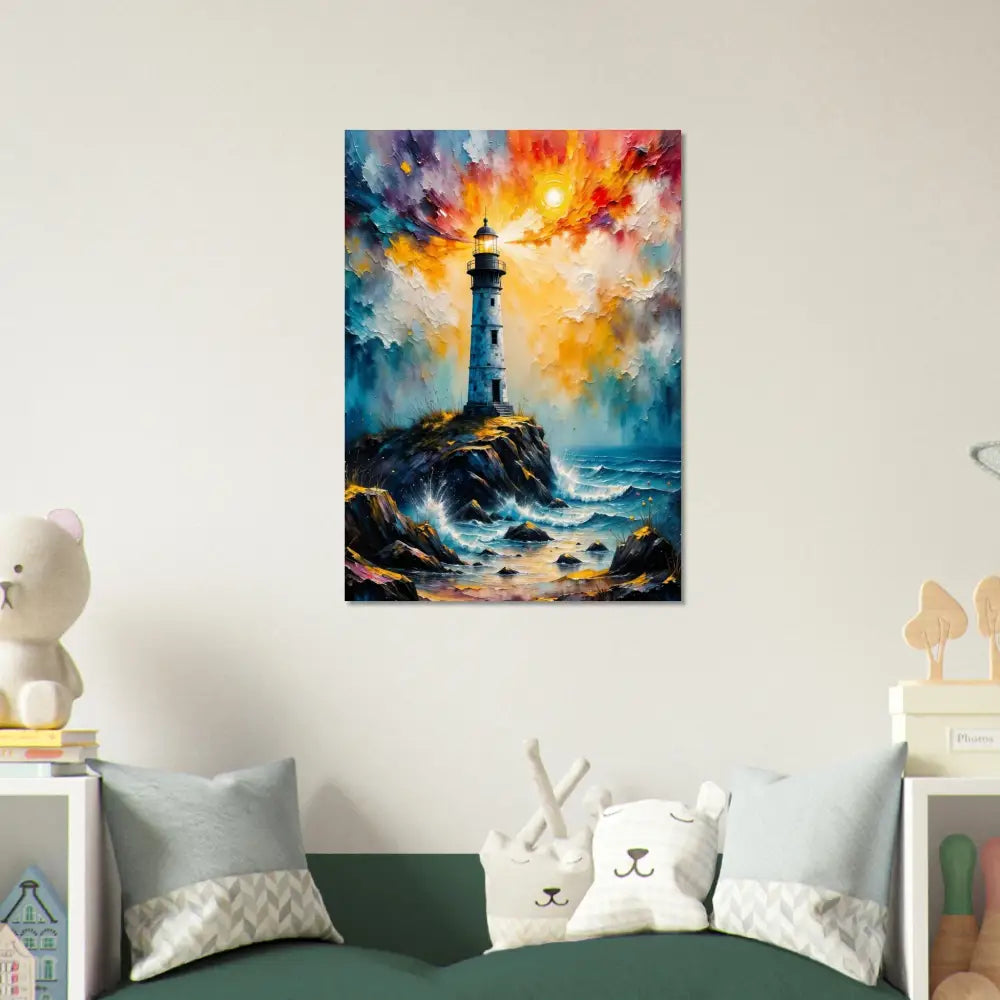 Vibrant stormy lighthouse scene on white-coated aluminum panel archival print