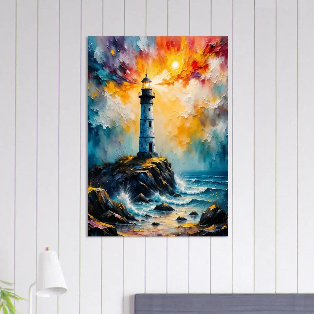 Colorful impressionistic stormy lighthouse scene on white-coated aluminum panel for archival display
