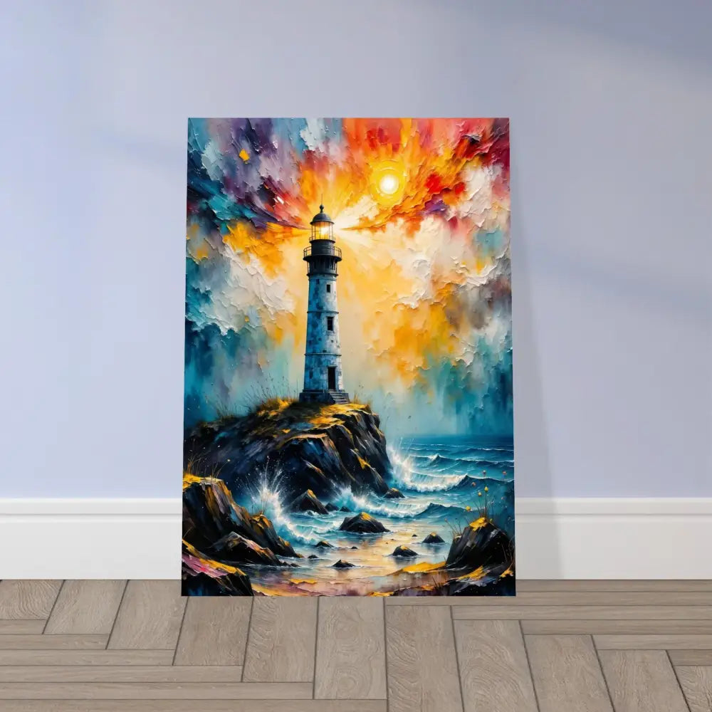 Vibrant textured oil painting of a stormy lighthouse scene on white-coated aluminum panel