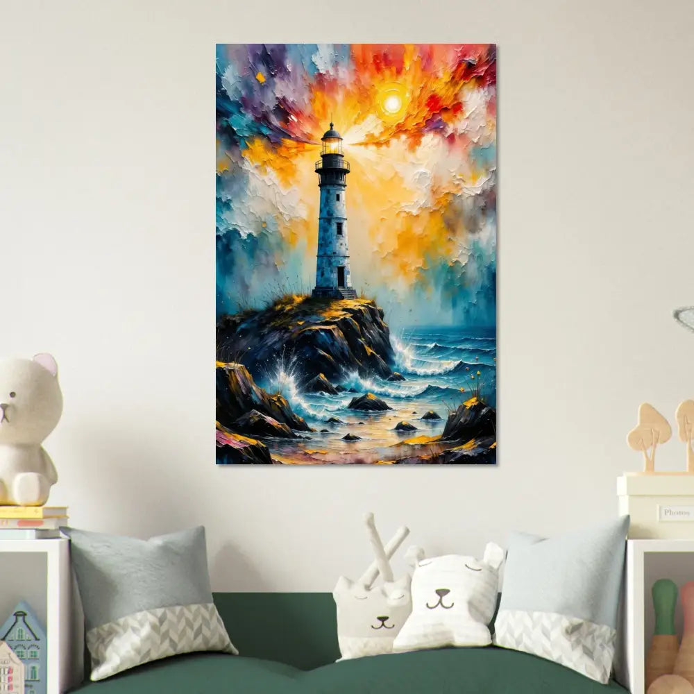 Vibrant impressionistic stormy lighthouse scene on white-coated aluminum panel for archival display