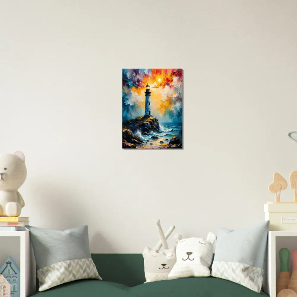 Vibrant stormy lighthouse scene on white-coated aluminum panel archival PixiOnyx Art
