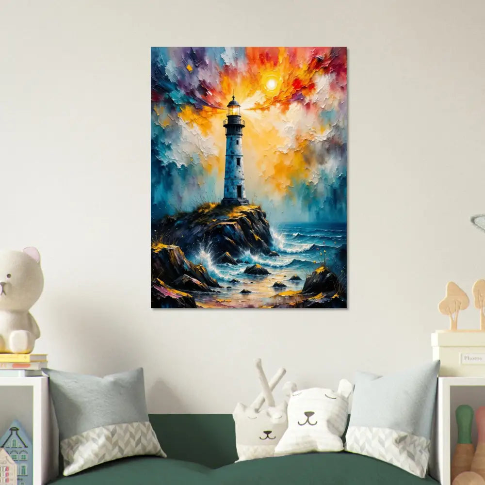 Vibrant impressionistic stormy lighthouse scene on white-coated aluminum panel archival print