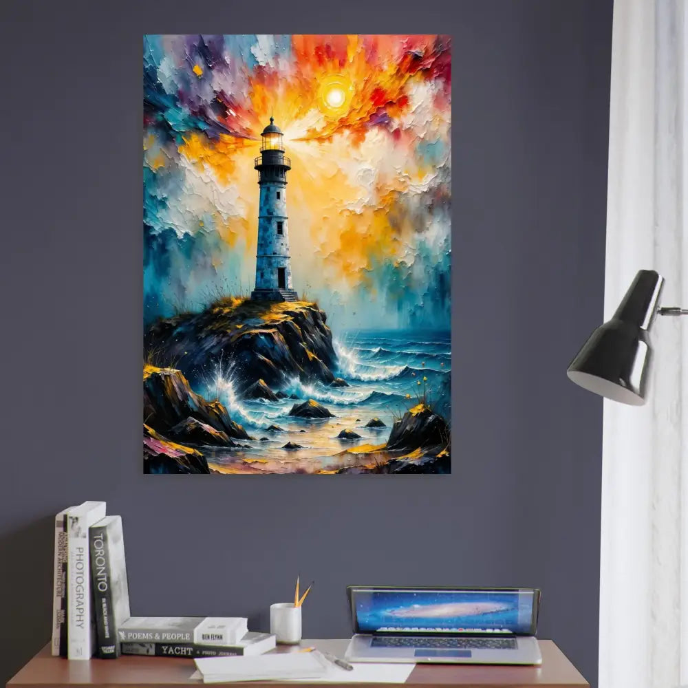 Vibrant oil painting of a stormy lighthouse scene on white-coated aluminum panel