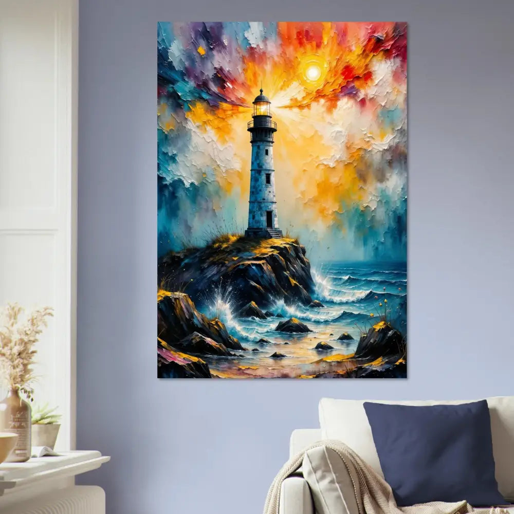 Vibrant impressionistic stormy lighthouse scene on white-coated aluminum panel archival print
