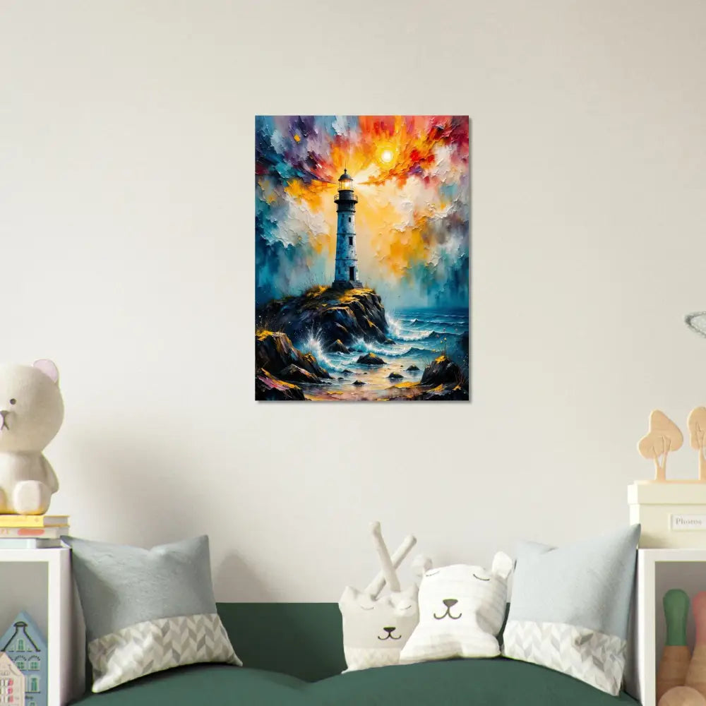 Vibrant impressionistic stormy lighthouse scene on white-coated aluminum panel archival print