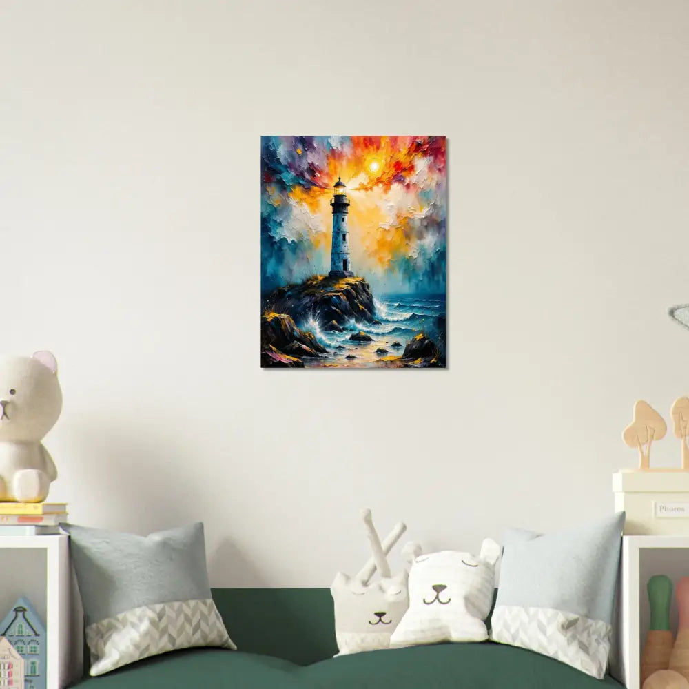 Vibrant stormy lighthouse scene on white-coated aluminum panel archival by PixiOnyx