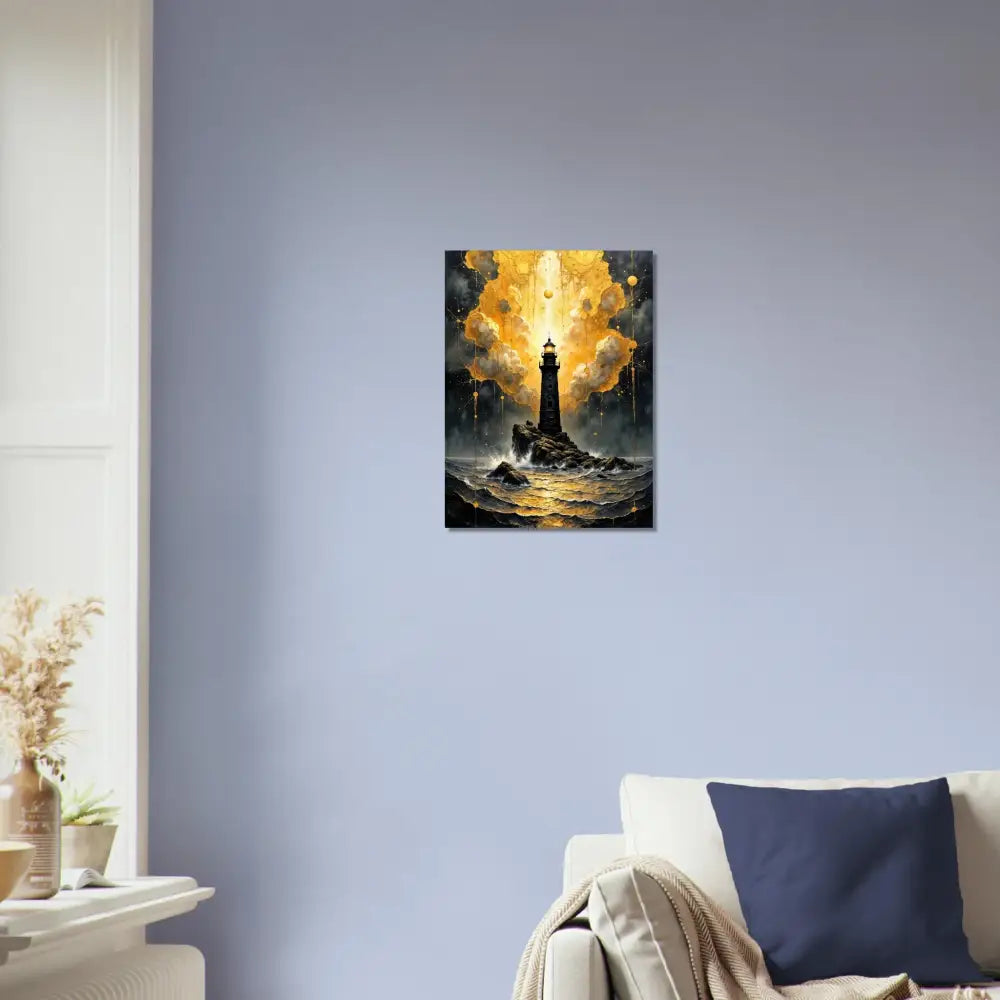 Aluminum print of a luminous tower etched lighthouse on rocky outcrop with dramatic clouds