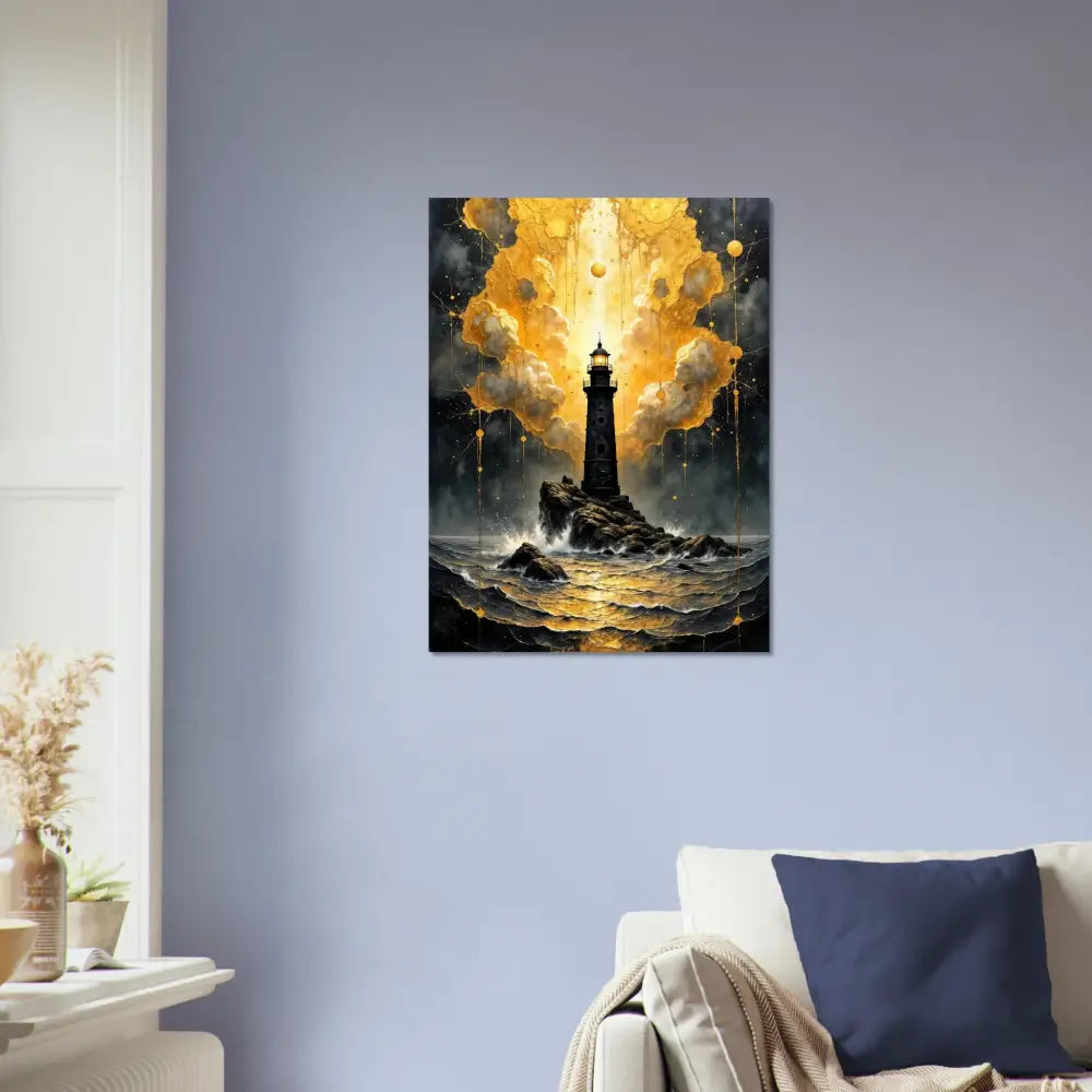 Luminous tower etched aluminum print of a vibrant lighthouse on a rocky outcrop with stormy seas