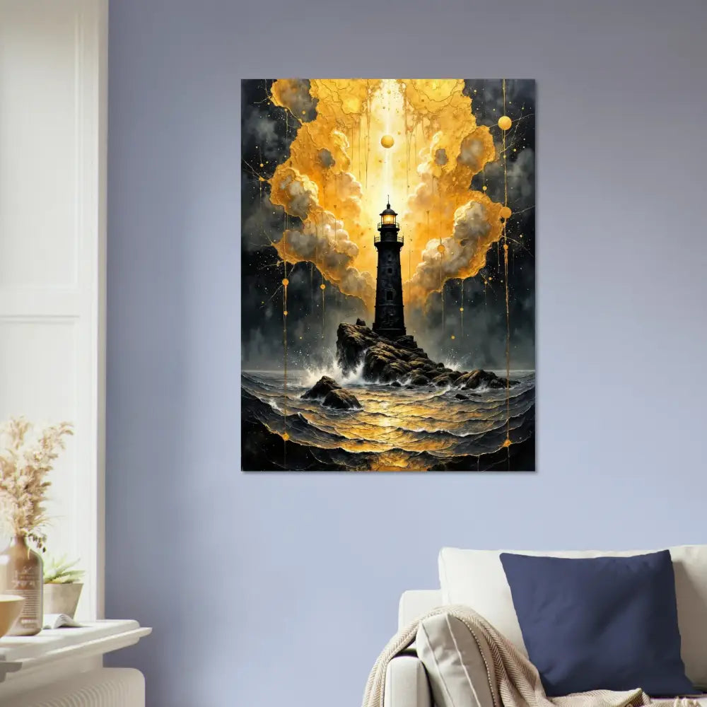 Luminous tower etched on high-gloss aluminum print of lighthouse under stormy golden sky