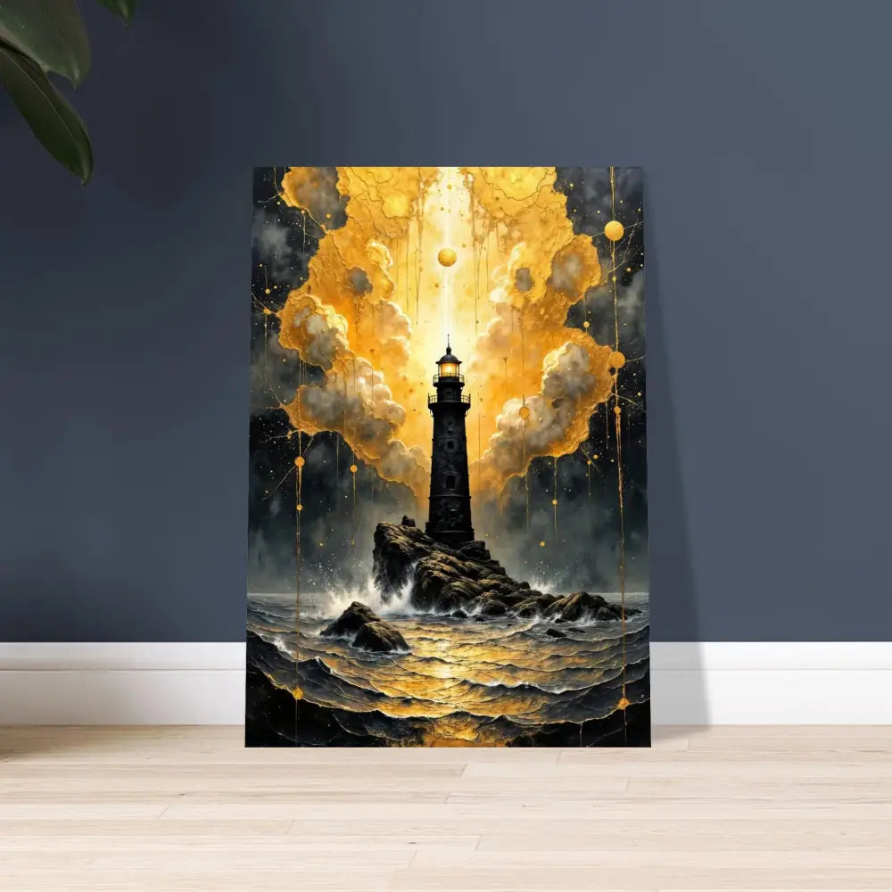 Aluminum print of luminous tower etched lighthouse on rocky sea in stormy sky
