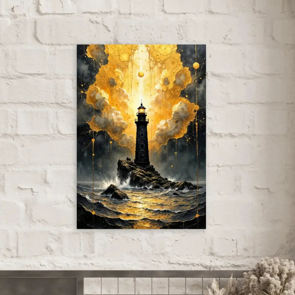 Luminous tower etched aluminum print of a lighthouse on rocky outcrop under golden sky