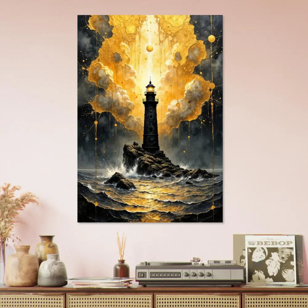 Luminous tower etched aluminum print of lighthouse on rocky island under golden sky