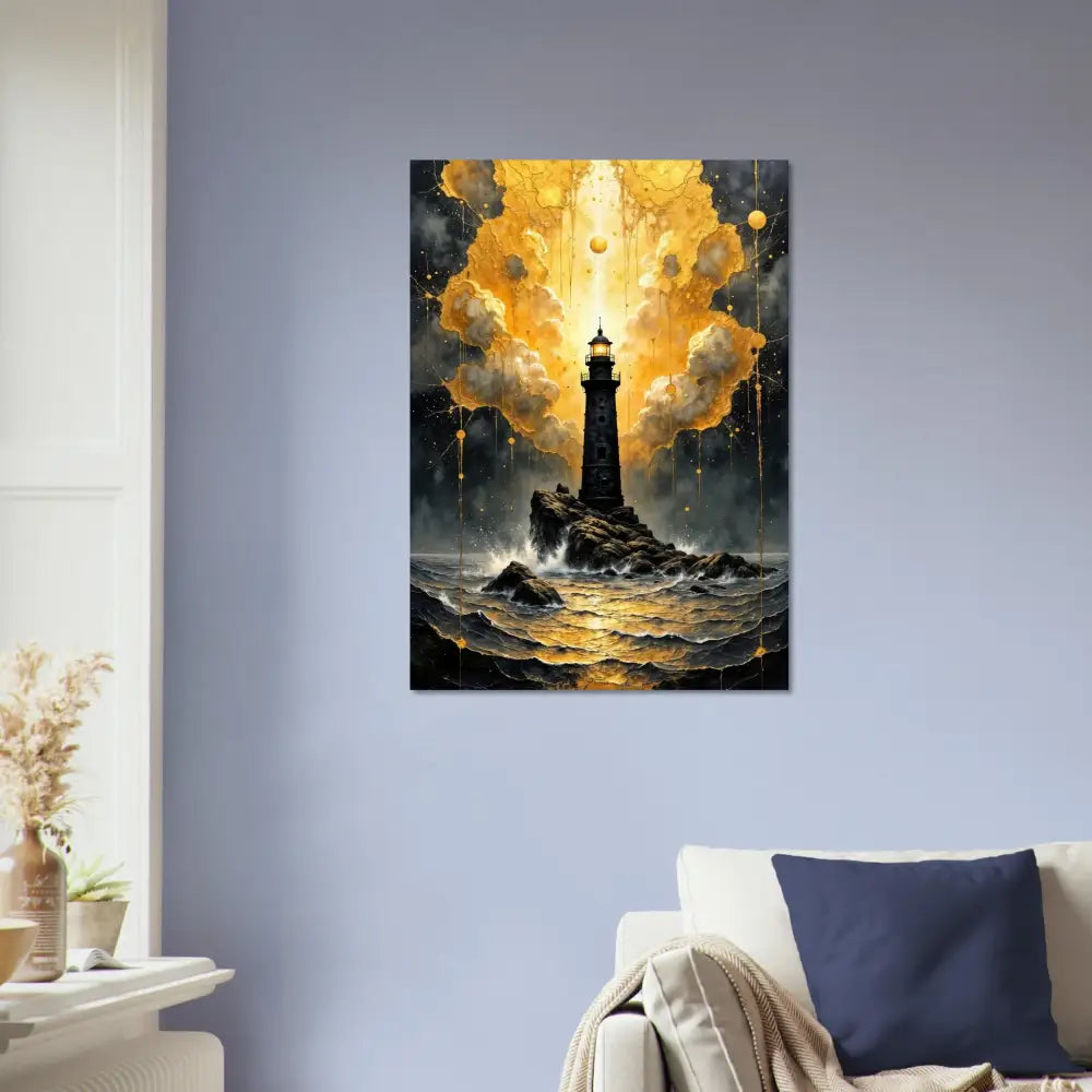 Luminous tower etched aluminum print of lighthouse on rocks with stormy seas and glowing clouds