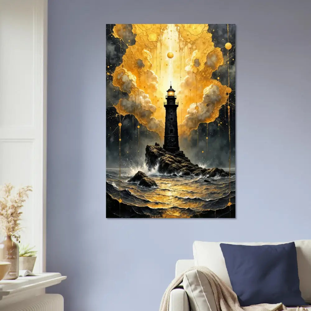 Luminous tower etched aluminum print of lighthouse on rocky island in stormy golden seas
