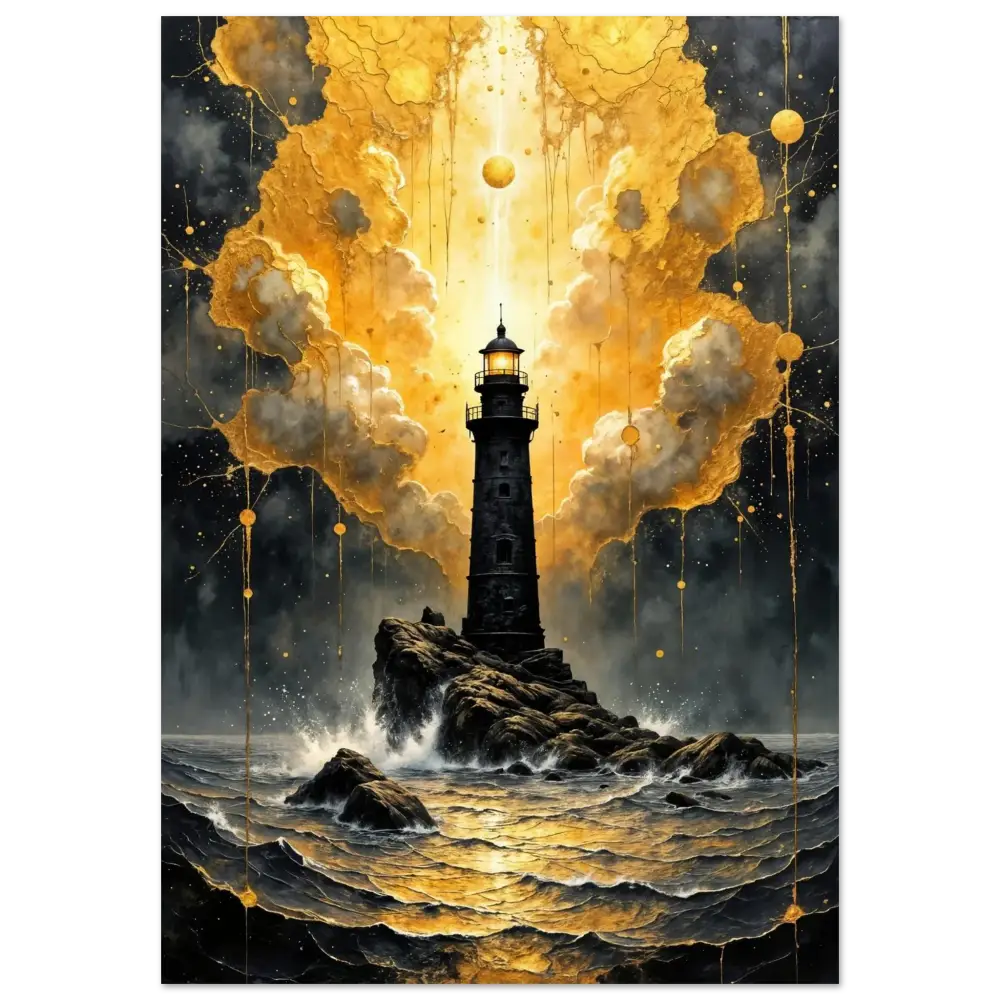 Aluminum print of a luminous tower etched lighthouse on rocky outcrop high-gloss finish