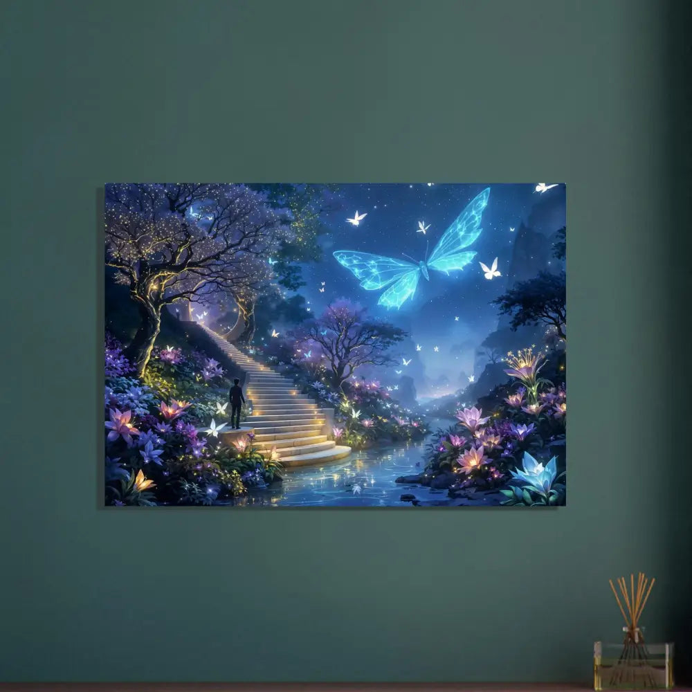 Fantasy landscape painting on aluminum print in PixiOnyx Biolumina Valley Beyond display