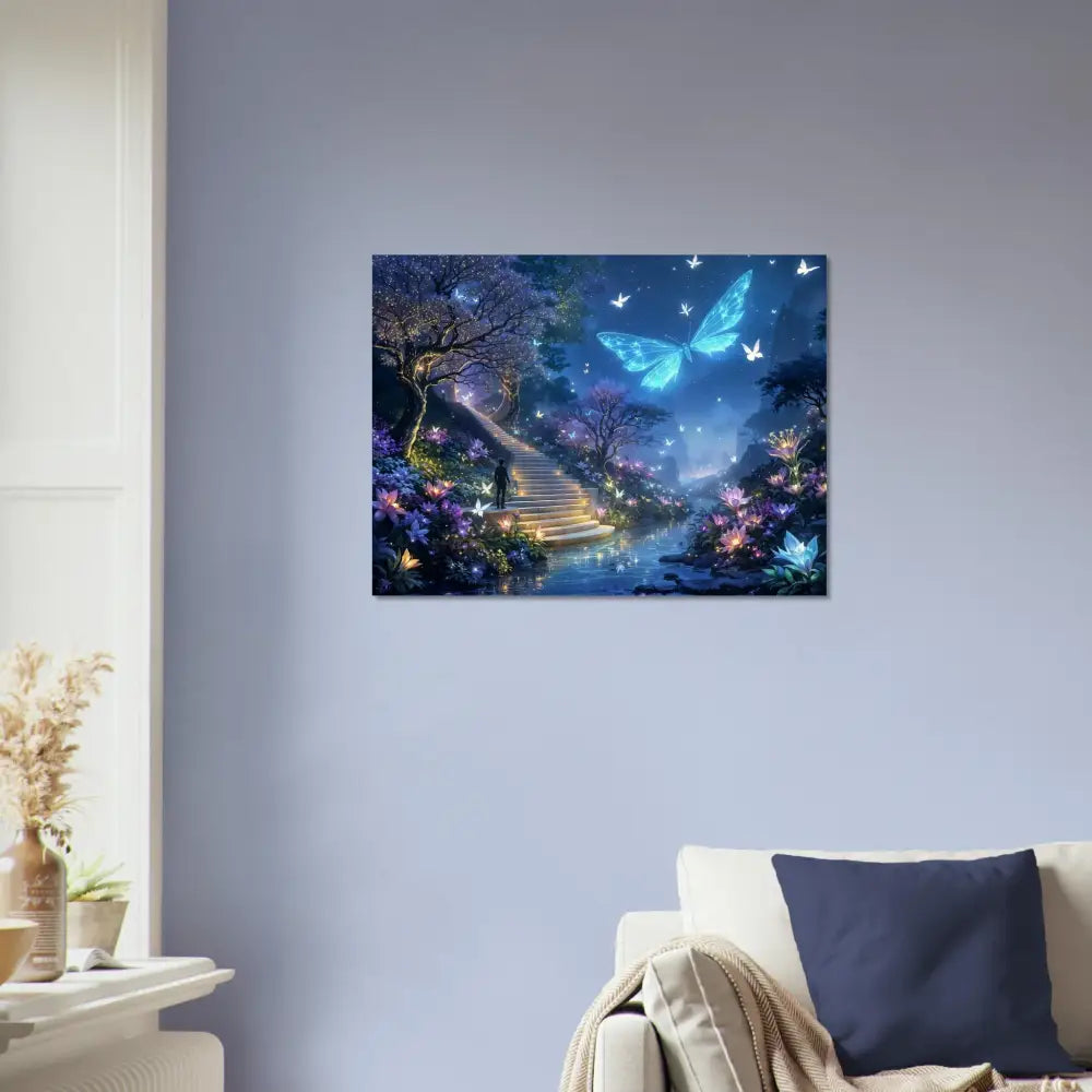 Fantasy butterfly garden canvas displayed on Aluminum Print in Biolumina The Valley Beyond