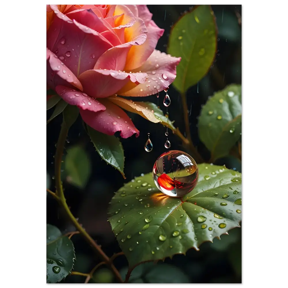 Dew-kissed pink rose with reflective orb on Aluminum Print Blush Reverie PixiOnyx