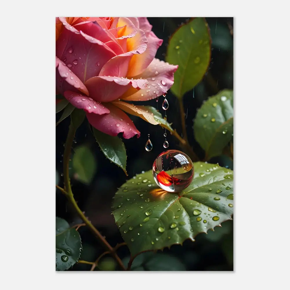 Dew-kissed rose and reflective marble on Aluminum Print Blush Reverie by PixiOnyx Botanical Daydream