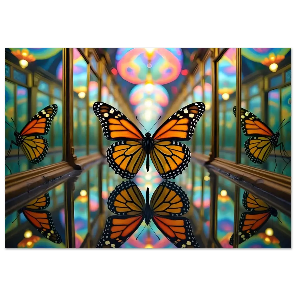 Mirrored Monarch Butterfly Display on Aluminum Print Butterflies Reflections PixiOnyx Metallic