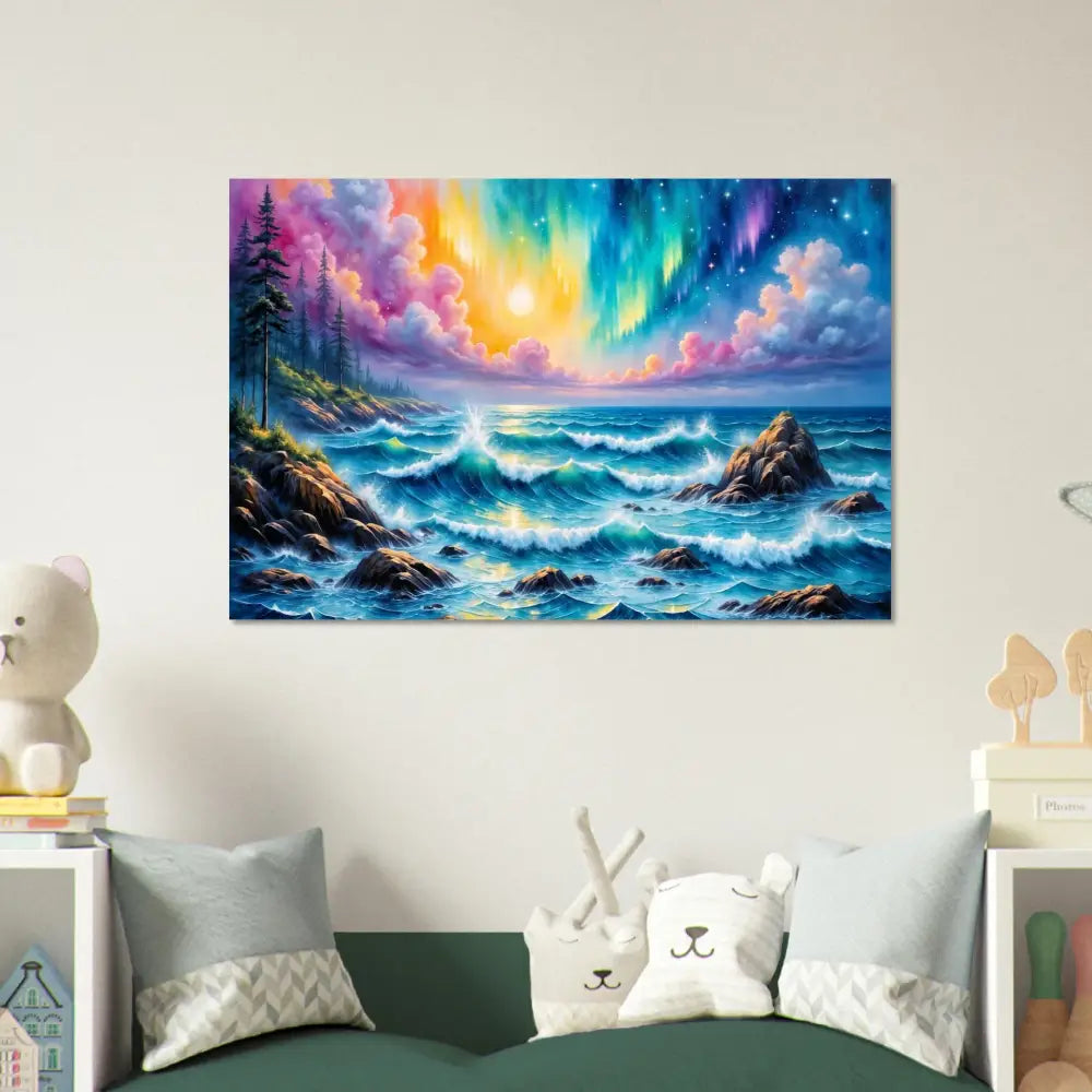 Vibrant celestial tide aurora metal wall art featuring a fantastical aurora borealis over a rocky coast