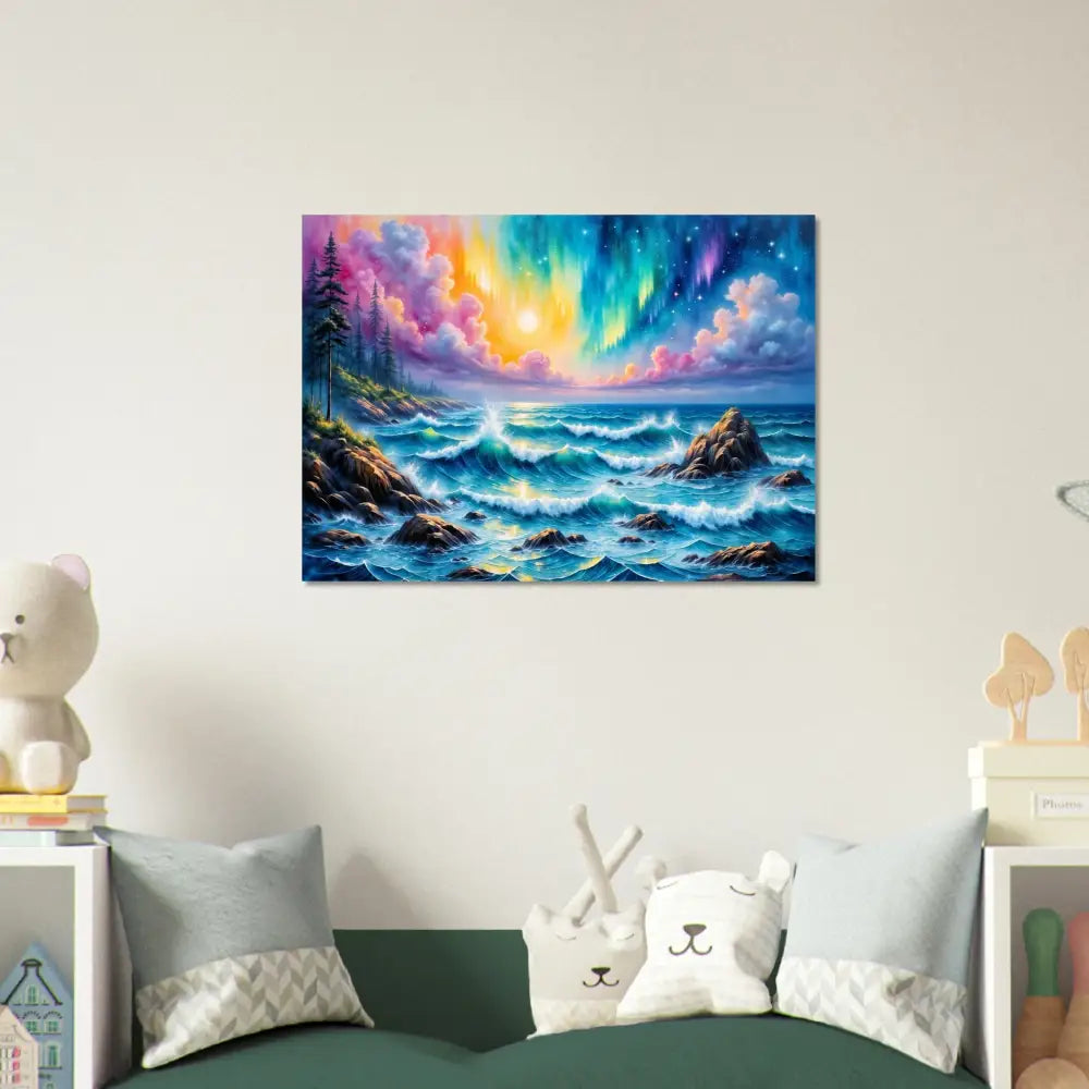 Vibrant celestial tide aurora metal wall art featuring a stormy rocky coastline by PixiOnyx