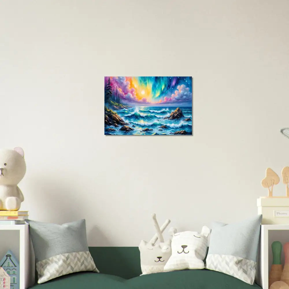 Vibrant celestial tide aurora metal wall art featuring a magical aurora over a stormy sea
