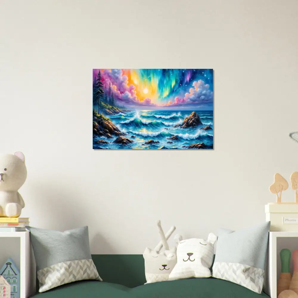 Vibrant aurora borealis seascape canvas print on Aluminum Print – Celestial Tide aurora metal wall art