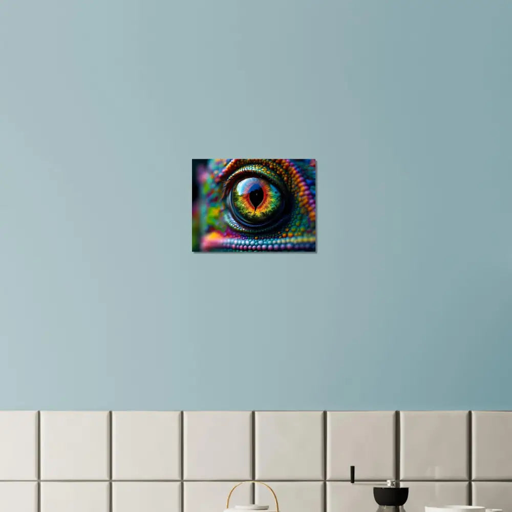 Colorful chameleon eye aluminum print from PixiOnyx Chameleon’s Prism collection