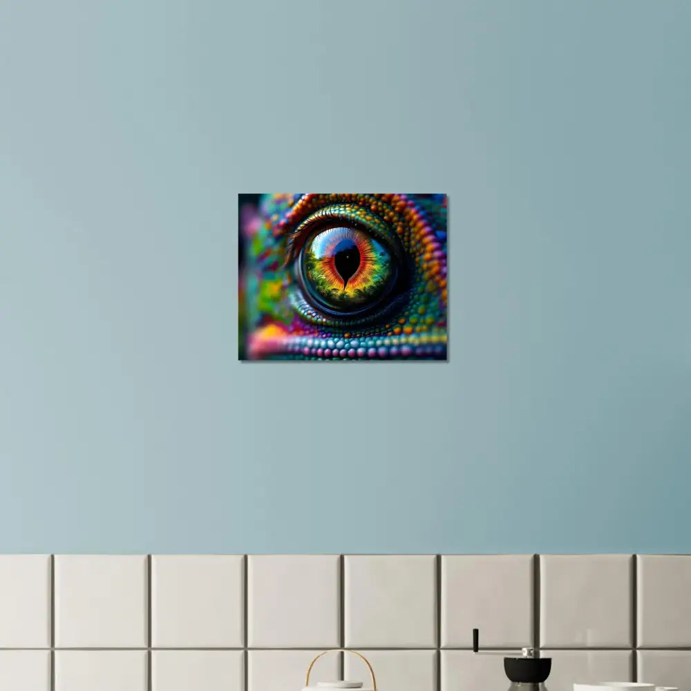 Colorful chameleon eye art aluminum print titled Chameleons Prism by PixiOnyx Hypnotic Gaze