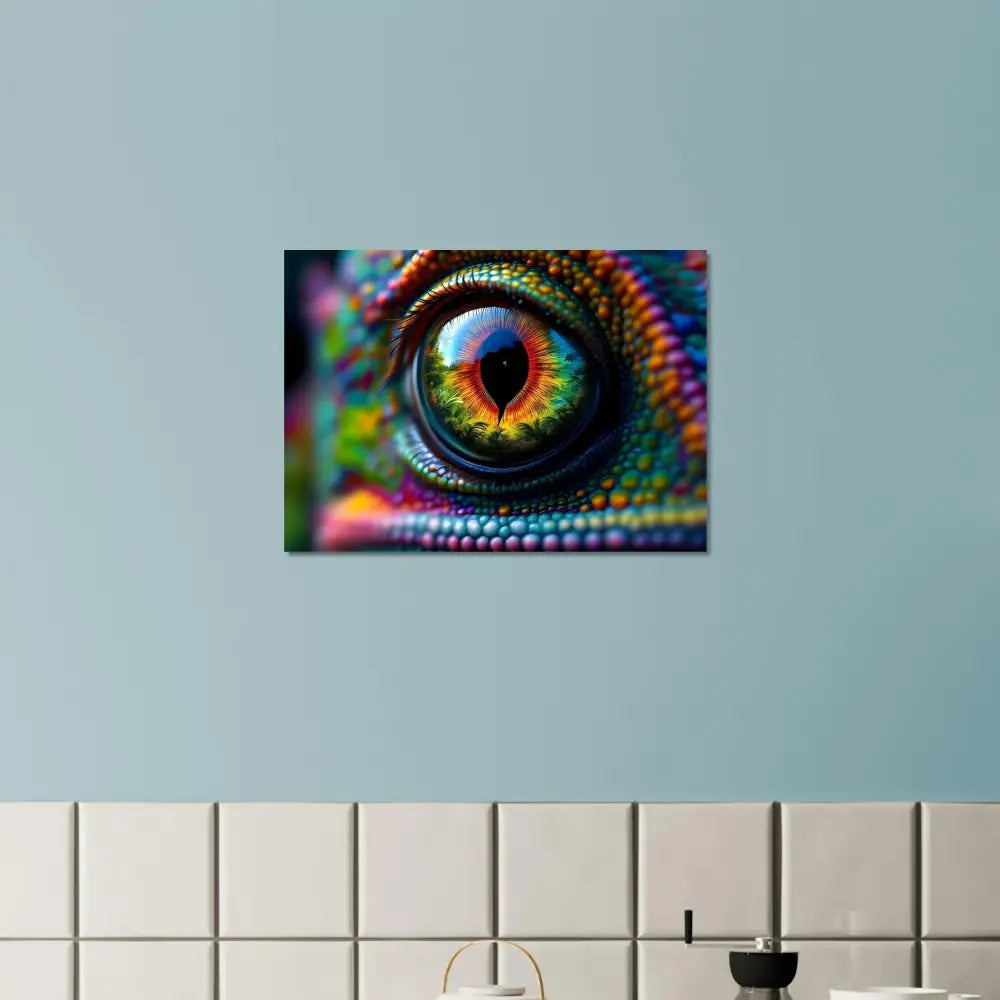 Colorful chameleon eye art on Aluminum Print Chameleon’s Prism PixiOnyx Hypnotic Gaze