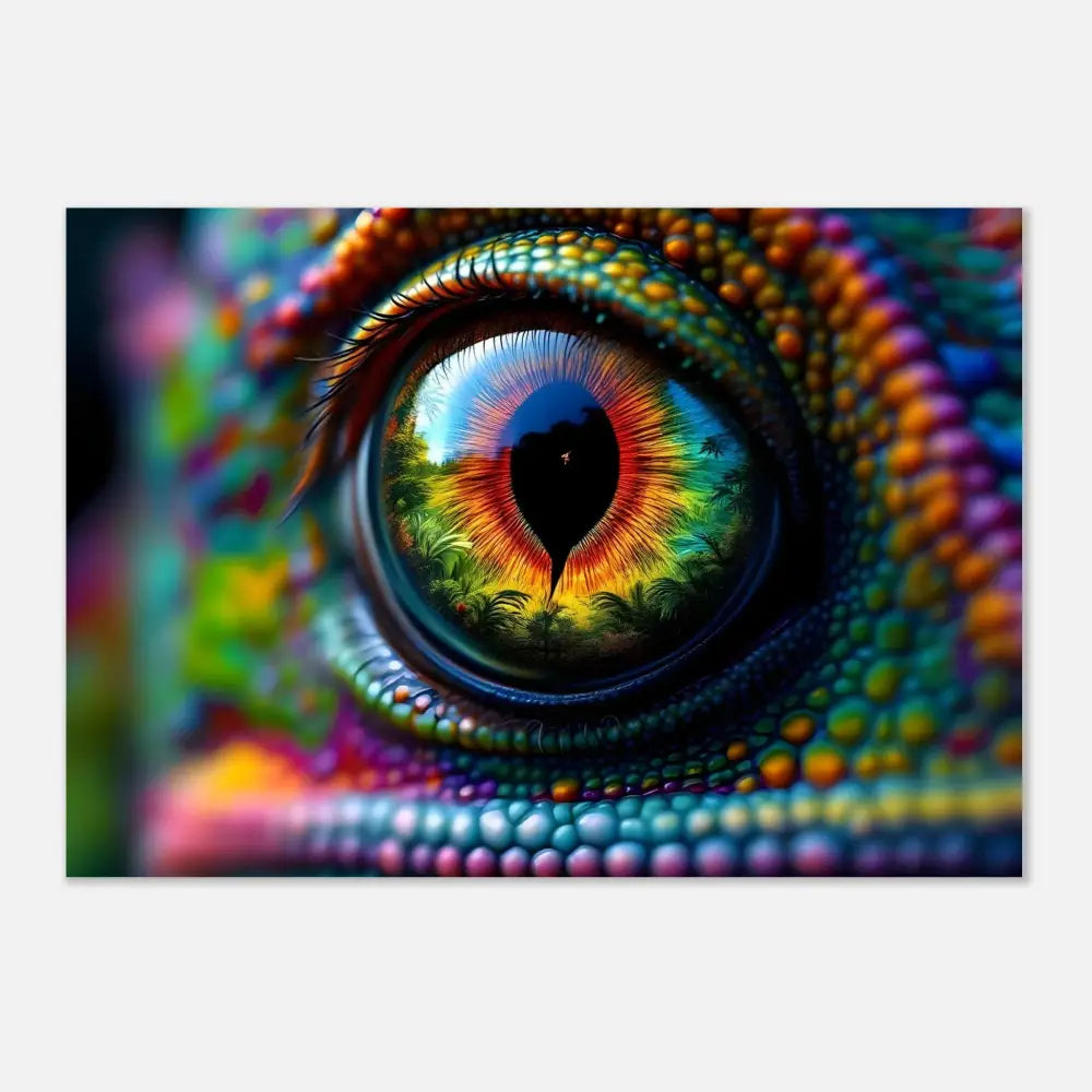 Vibrant chameleon eye aluminum print titled Chameleons Prism by PixiOnyx Hypnotic Gaze