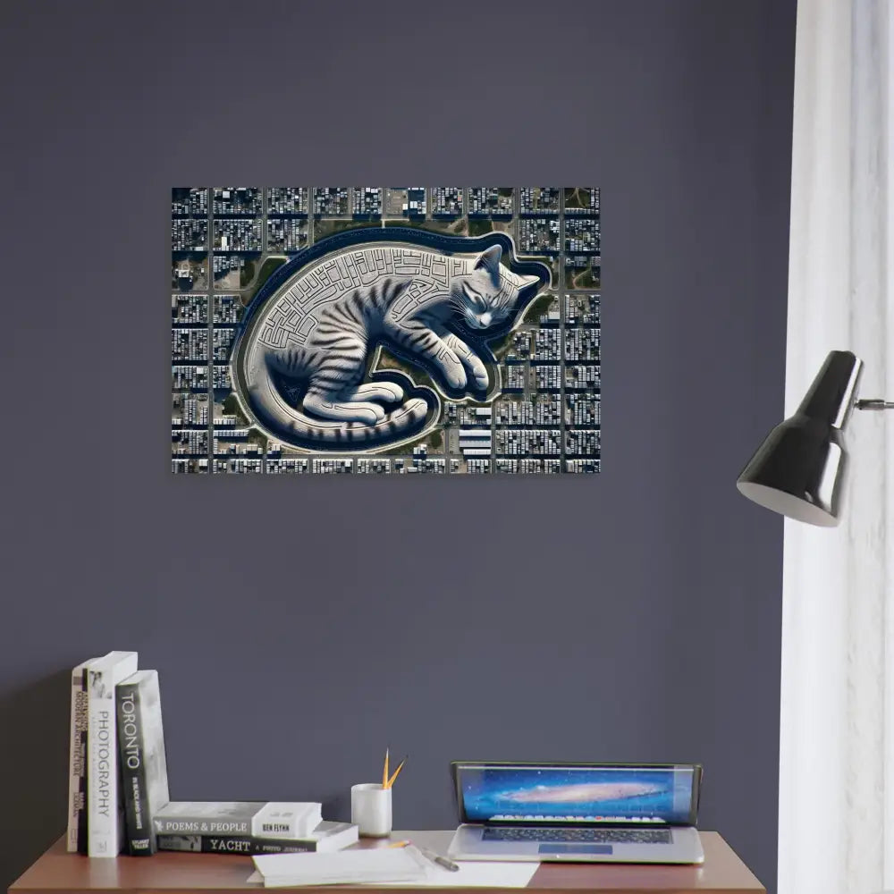 Cat-shaped city map poster displayed on Aluminum Print in PixiOnyx Metallic Series