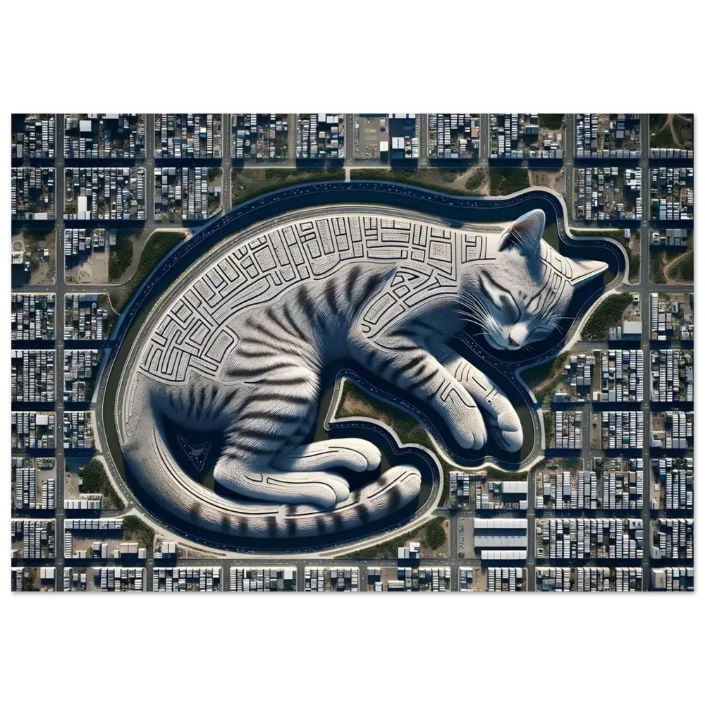 Cat-shaped city maze Aluminum Print from Citynap Overlook PixiOnyx Metallic Series