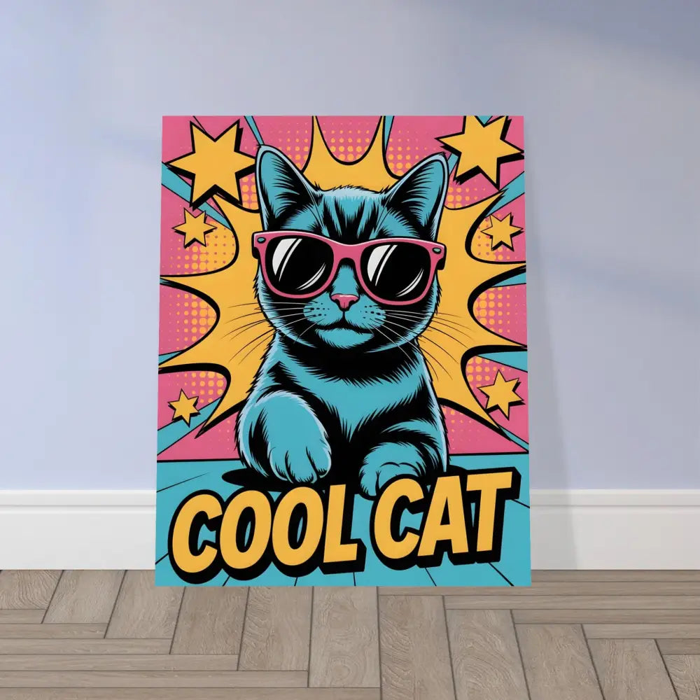 Pop art cool cat canvas print with pink sunglasses on PixiOnyx Metallic Meow brushed aluminum