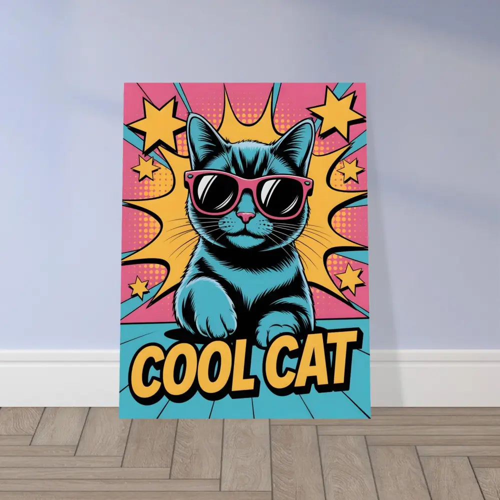 Pop art style blue cat canvas print with pink sunglasses on PixiOnyx Metallic Meow brushed aluminum with sleek finish