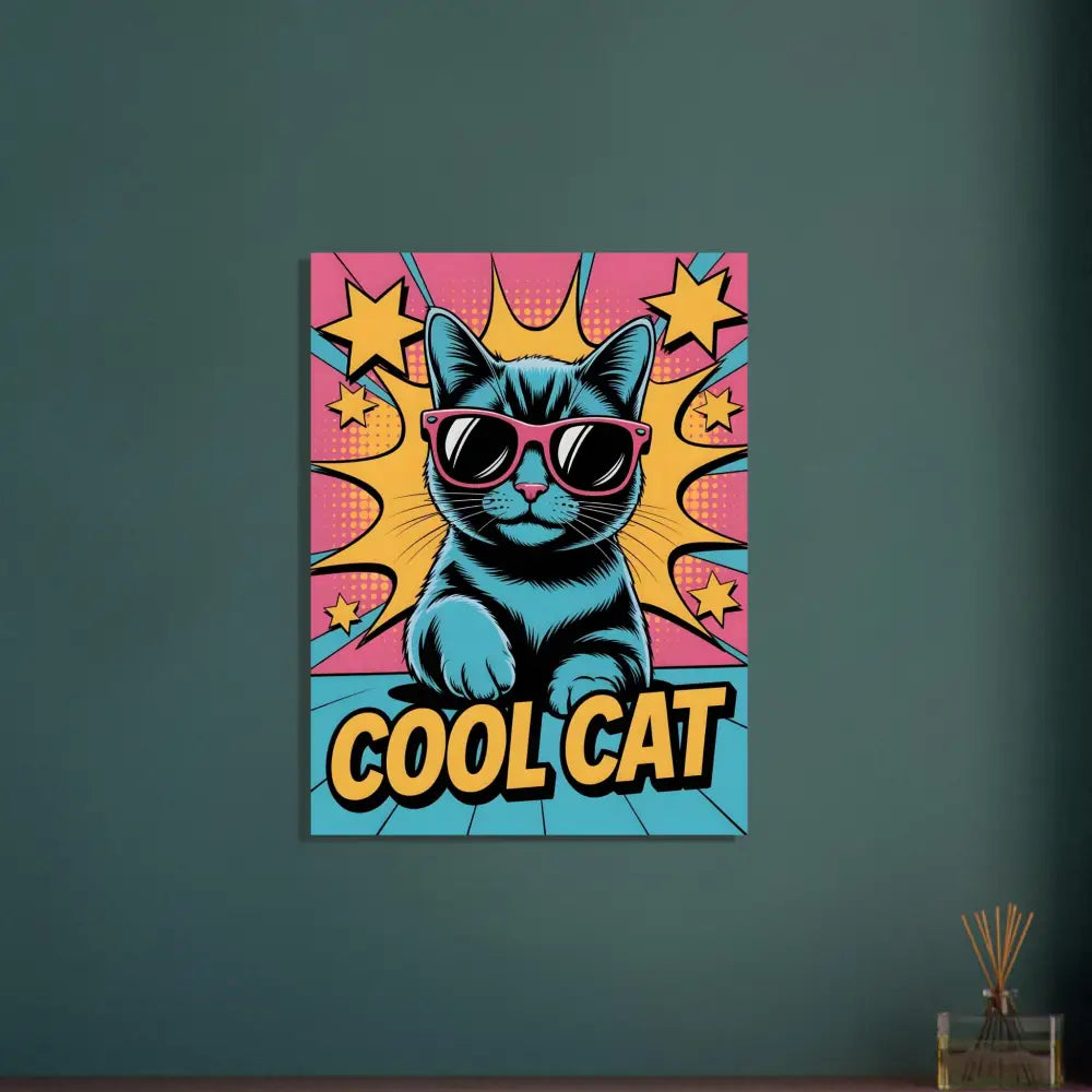 Pop art style cat canvas print with sunglasses on PixiOnyx Metallic Meow brushed aluminum